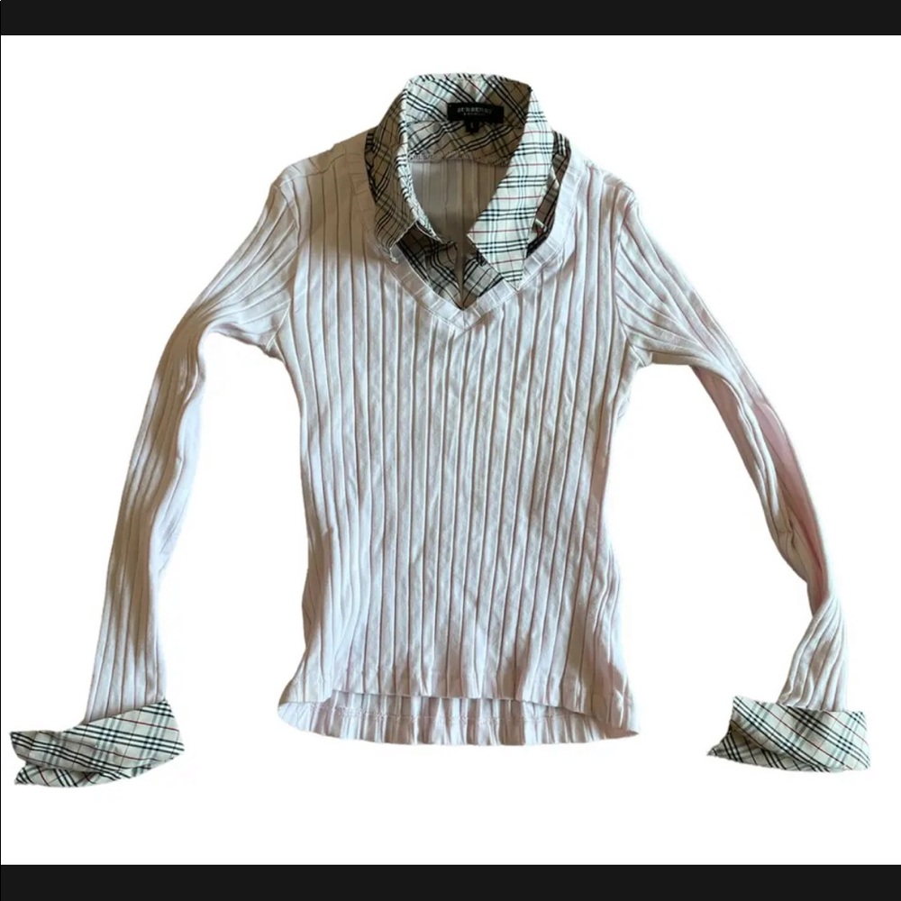 SOLD Burberry Light Pink Sweater W/ Plaid Collar and Sleeves Authentic